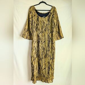 Joan McGee Silk Plissé Wearable Art Dress | Olive-Gold Metallic | M | NWT